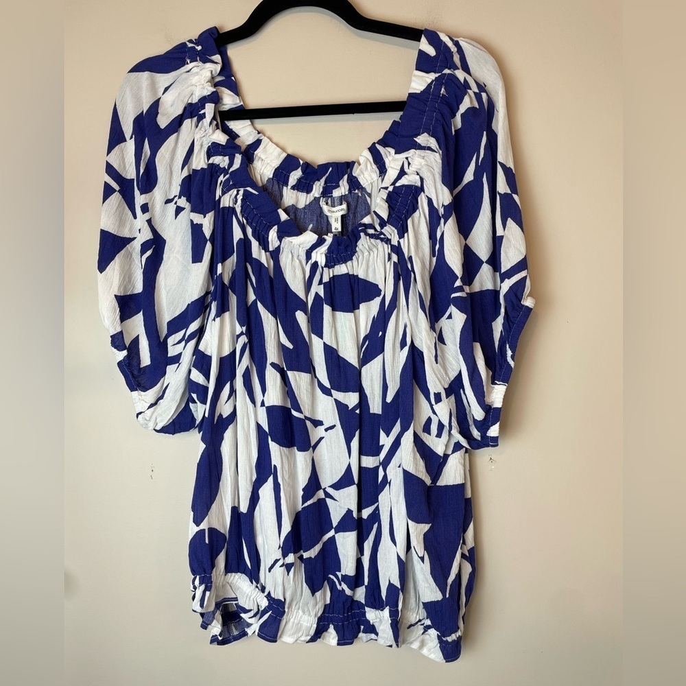 Maurices Womens Purple & White Off-Shoulder Top 4X Rayon Short Sleeve Geometric